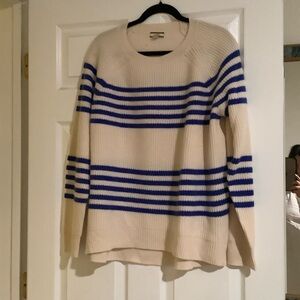 J. Crew Cream and Blue Striped 100% Cashmere XL Sweater